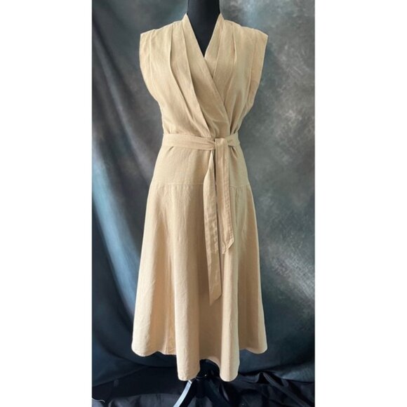 DKNY Sleeveless Wrap Midi Dress Belted Linen Blend Beige Size 8 Career - Picture 1 of 7